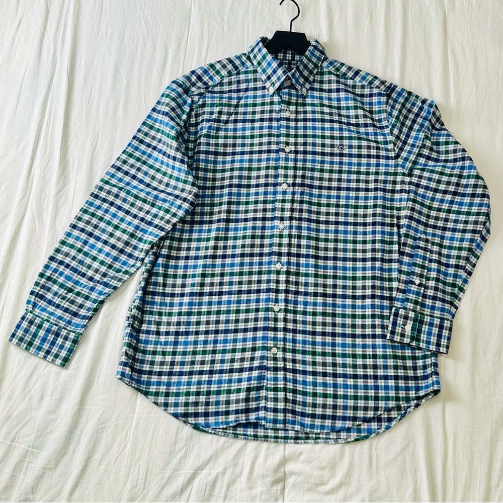 Vineyard Vines Blue and Green Checkered Slim Fit Whale Shirt